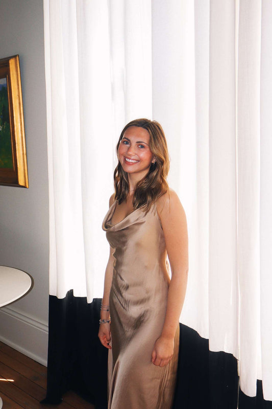 Silk Cowl Neck Dress- Camel