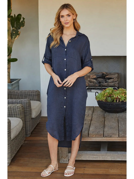 Solid Midi-Length Button Down Linen Dress