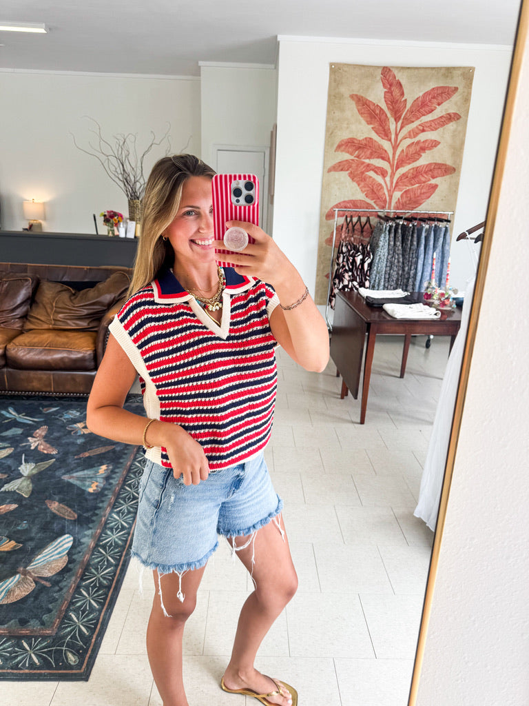 Collard Stripe Knit Top